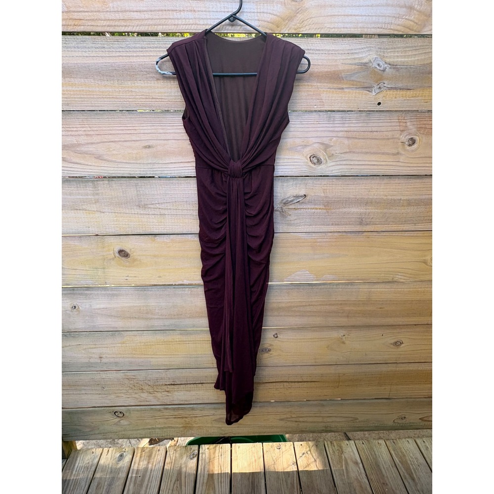 Plum Burgundy Ruched V-Neck Draped Midi Dress Sleeveless Size S